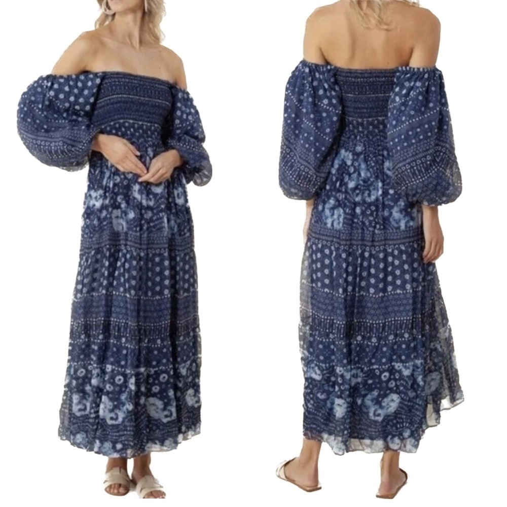 Hale Bob Ilona Silk Chiffon Maxi Dress Floral Small Navy Smocked Puff Sleeve